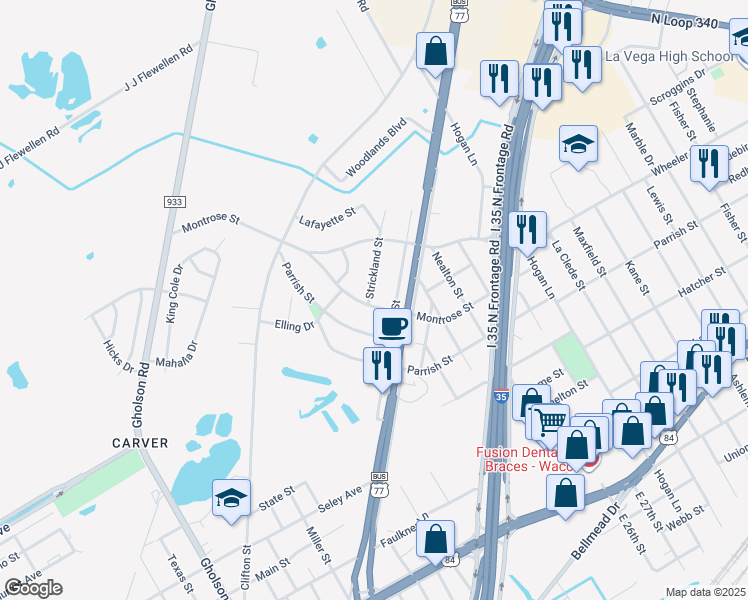 map of restaurants, bars, coffee shops, grocery stores, and more near 2206 Montrose Street in Waco
