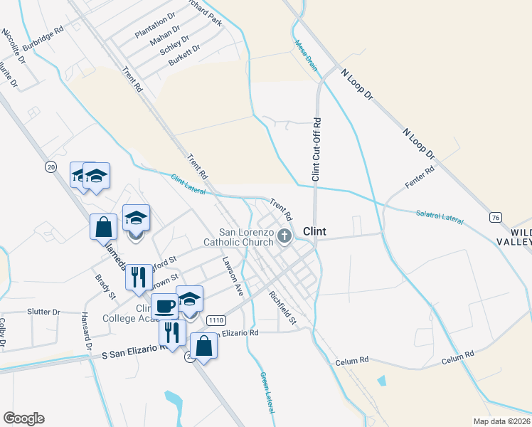 map of restaurants, bars, coffee shops, grocery stores, and more near 625 Main Street in Clint