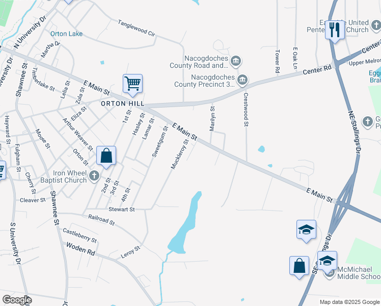 map of restaurants, bars, coffee shops, grocery stores, and more near 201 Kent Street in Nacogdoches