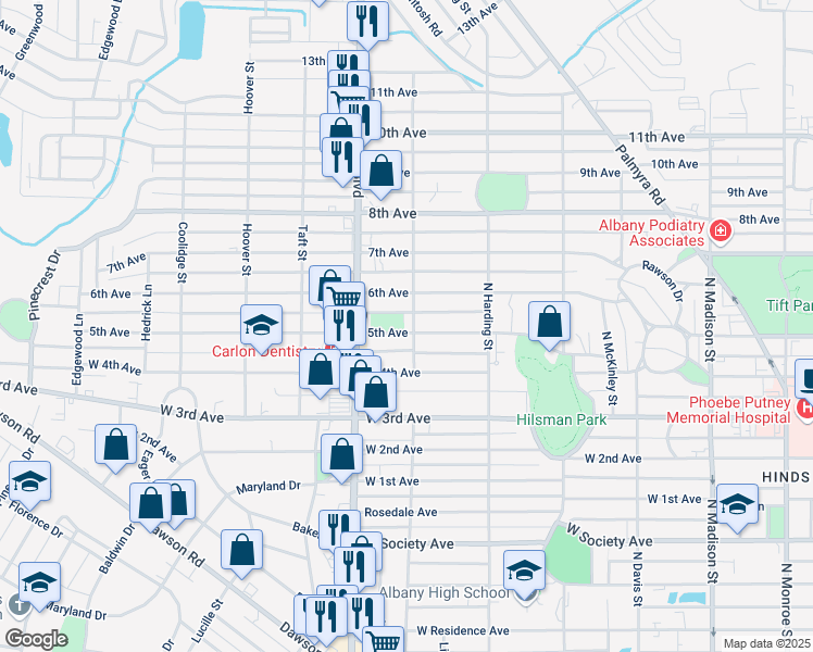 map of restaurants, bars, coffee shops, grocery stores, and more near 1013 5th Avenue in Albany