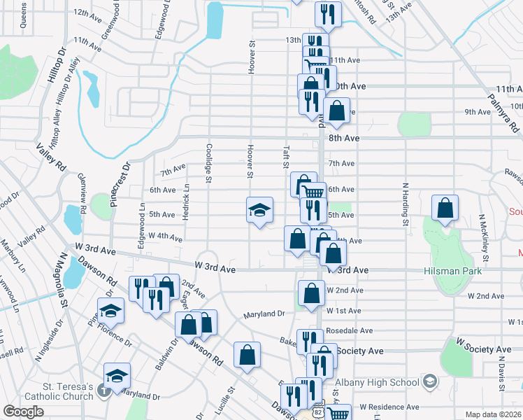 map of restaurants, bars, coffee shops, grocery stores, and more near 1211 5th Avenue in Albany