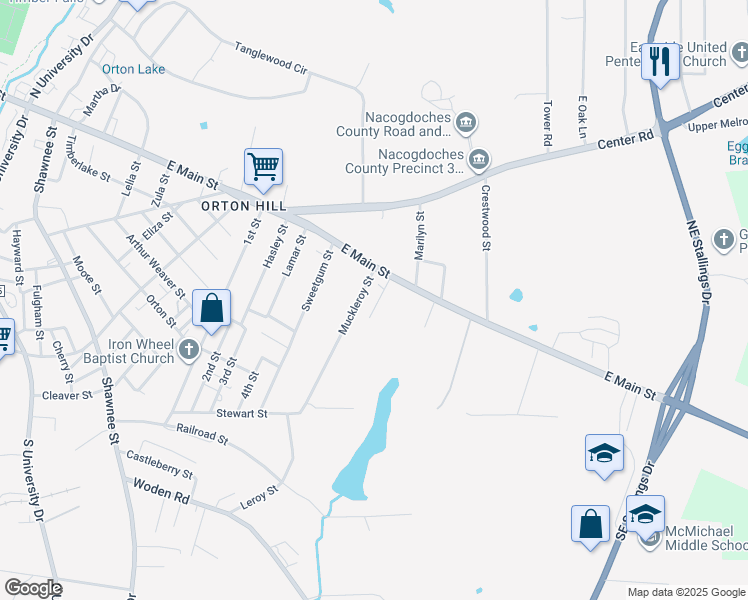 map of restaurants, bars, coffee shops, grocery stores, and more near 201 Kent Street in Nacogdoches