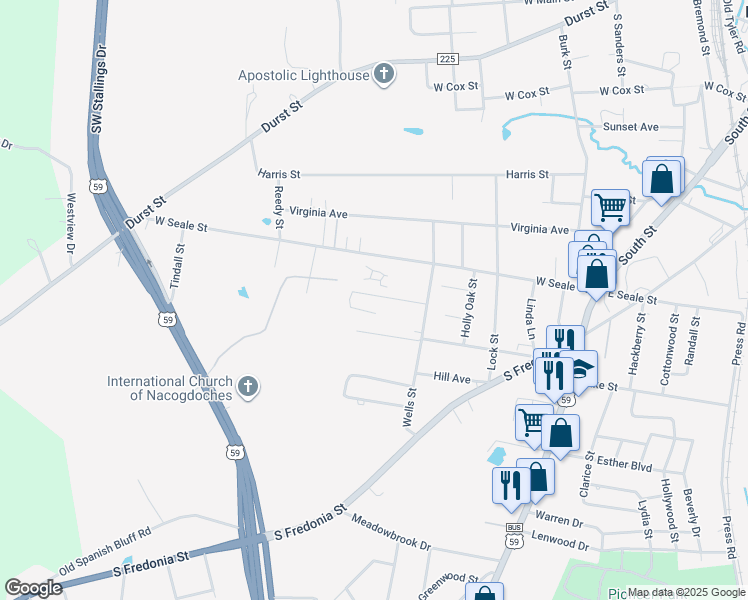 map of restaurants, bars, coffee shops, grocery stores, and more near 819 Home Avenue in Nacogdoches