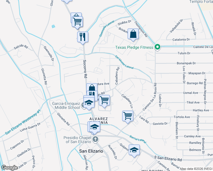 map of restaurants, bars, coffee shops, grocery stores, and more near 12389 Campillos in San Elizario
