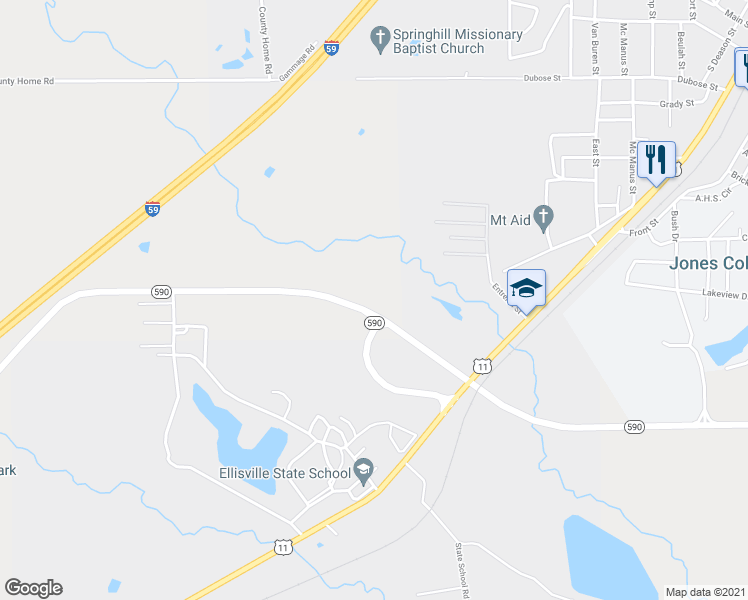 map of restaurants, bars, coffee shops, grocery stores, and more near 78 Mississippi 590 in Ellisville