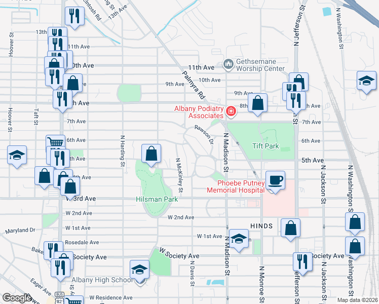 map of restaurants, bars, coffee shops, grocery stores, and more near 628 5th Avenue in Albany