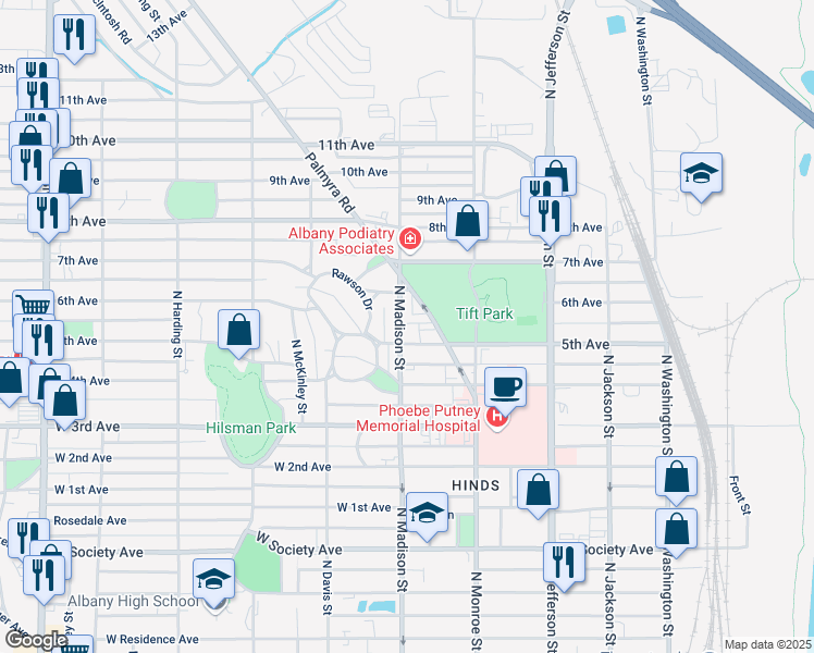 map of restaurants, bars, coffee shops, grocery stores, and more near 1206 North Madison Street in Albany