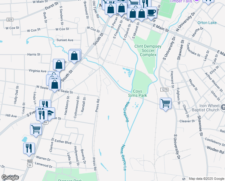map of restaurants, bars, coffee shops, grocery stores, and more near Martin Luther King Junior Boulevard in Nacogdoches