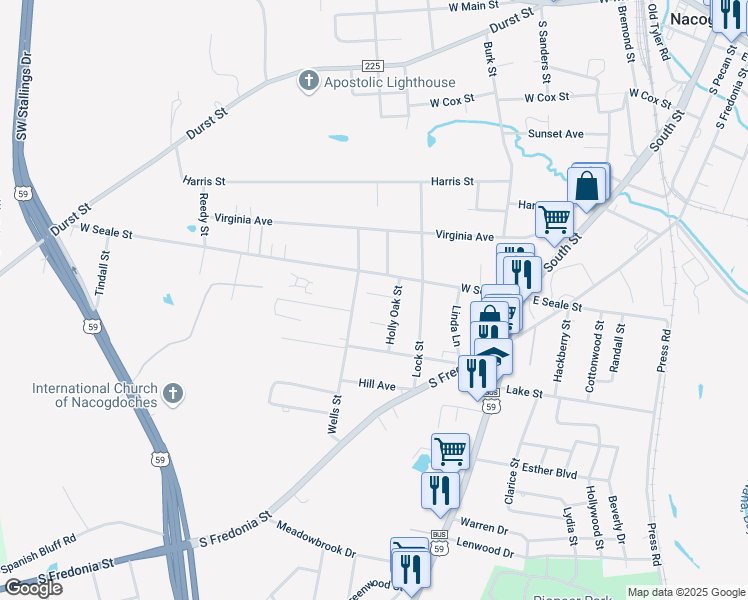 map of restaurants, bars, coffee shops, grocery stores, and more near 514 Shady Lane in Nacogdoches