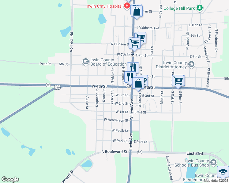 map of restaurants, bars, coffee shops, grocery stores, and more near 208 West 3rd Street in Ocilla