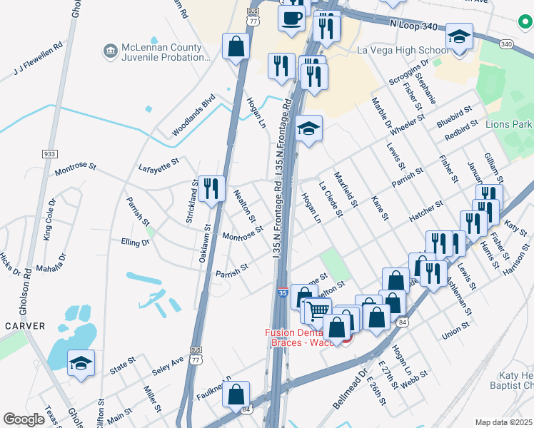 map of restaurants, bars, coffee shops, grocery stores, and more near 2525 Montrose Street in Waco