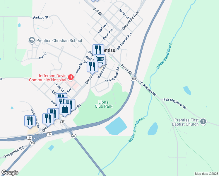 map of restaurants, bars, coffee shops, grocery stores, and more near 1684 Magnolia Drive in Prentiss