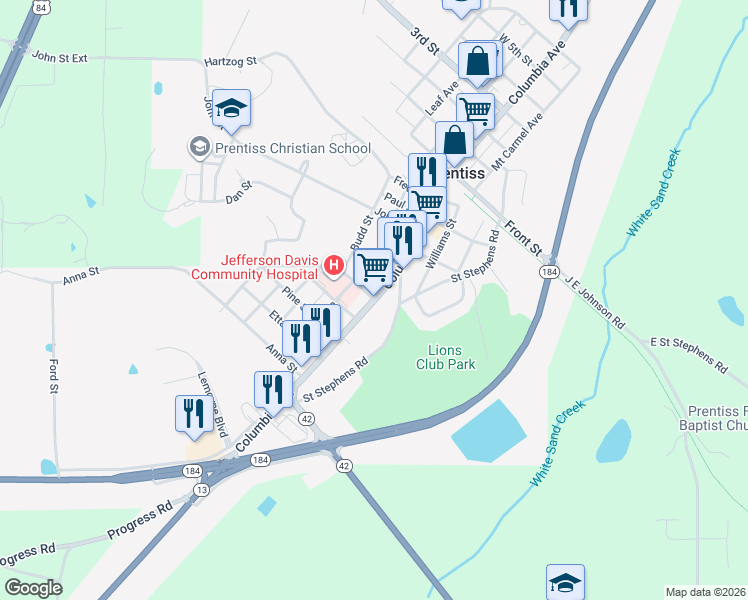 map of restaurants, bars, coffee shops, grocery stores, and more near 1106 Columbia Ave in Prentiss