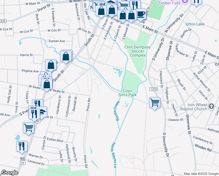 map of restaurants, bars, coffee shops, grocery stores, and more near Martin Luther King Junior Boulevard in Nacogdoches