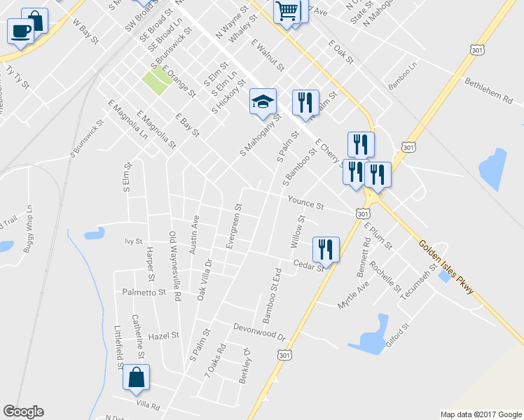map of restaurants, bars, coffee shops, grocery stores, and more near South Palm Street in Jesup