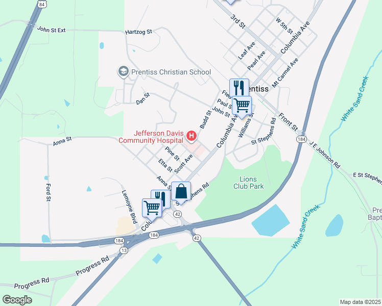 map of restaurants, bars, coffee shops, grocery stores, and more near 1102 Rose Street in Prentiss