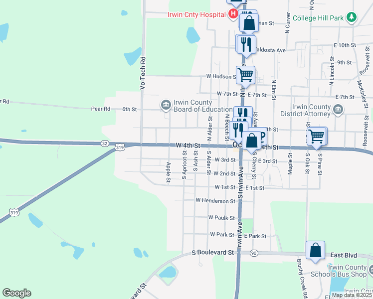 map of restaurants, bars, coffee shops, grocery stores, and more near 420 East 4th Street in Ocilla