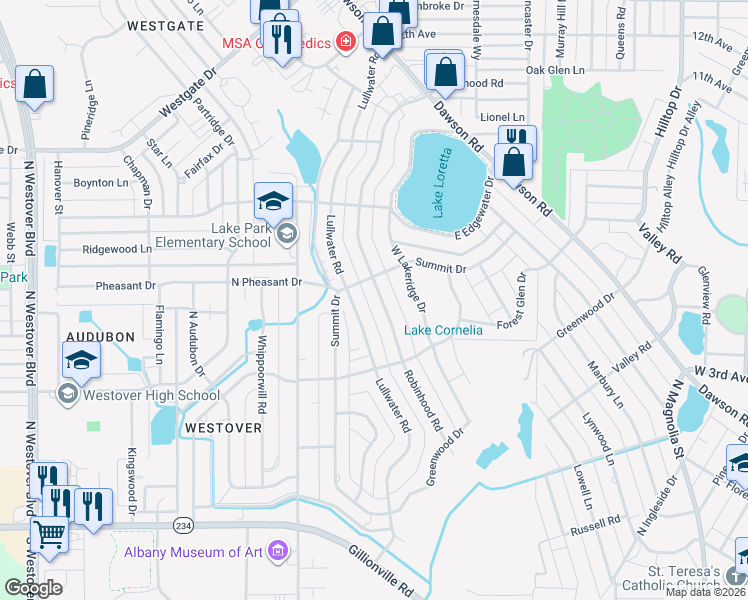 map of restaurants, bars, coffee shops, grocery stores, and more near 1918 Lullwater Road in Albany