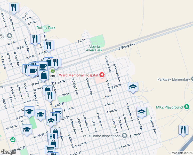 map of restaurants, bars, coffee shops, grocery stores, and more near 800 East 4th Street in Monahans