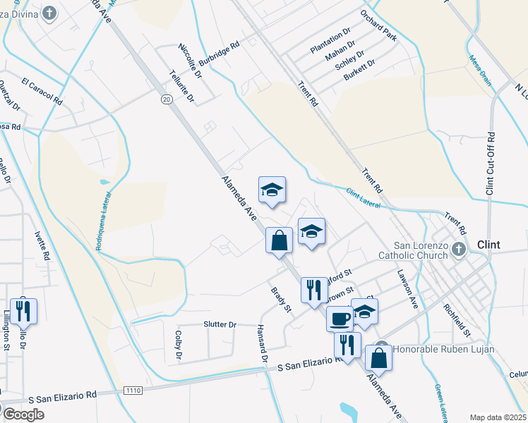 map of restaurants, bars, coffee shops, grocery stores, and more near 12625 Alameda Avenue in Clint