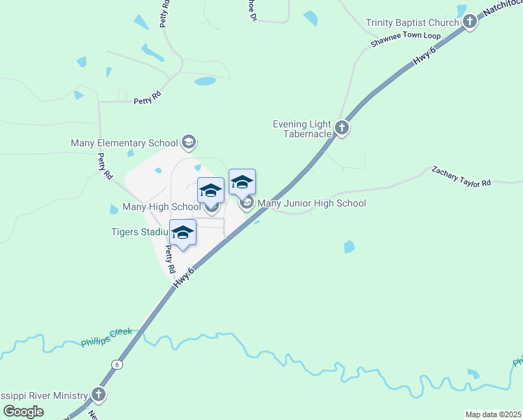 map of restaurants, bars, coffee shops, grocery stores, and more near 1801 Natchitoches Highway in Many