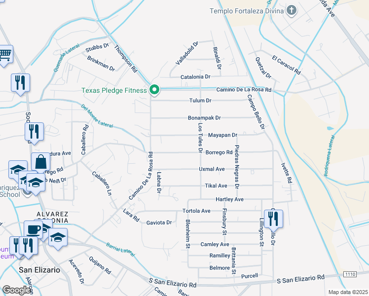 map of restaurants, bars, coffee shops, grocery stores, and more near 525 Borrego Road in San Elizario