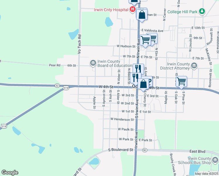 map of restaurants, bars, coffee shops, grocery stores, and more near 420 East 4th Street in Ocilla