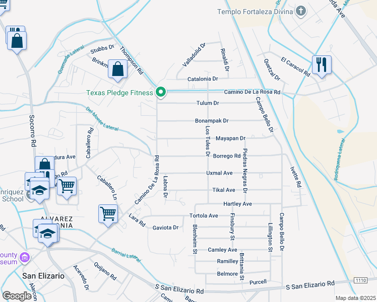 map of restaurants, bars, coffee shops, grocery stores, and more near 525 Borrego Road in San Elizario