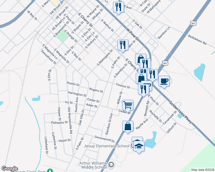 map of restaurants, bars, coffee shops, grocery stores, and more near 306 South Bamboo Street in Jesup