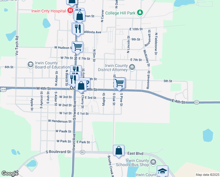 map of restaurants, bars, coffee shops, grocery stores, and more near 416 East 4th Street in Ocilla