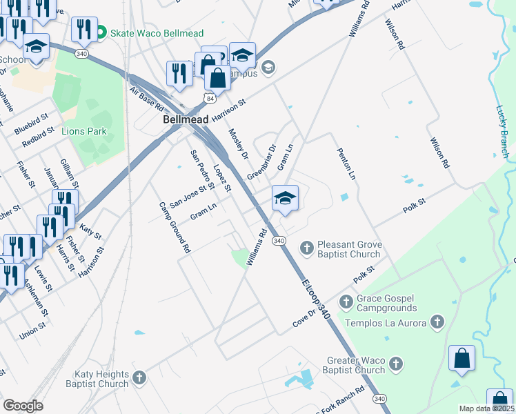 map of restaurants, bars, coffee shops, grocery stores, and more near 4208 Compton Lane in Bellmead