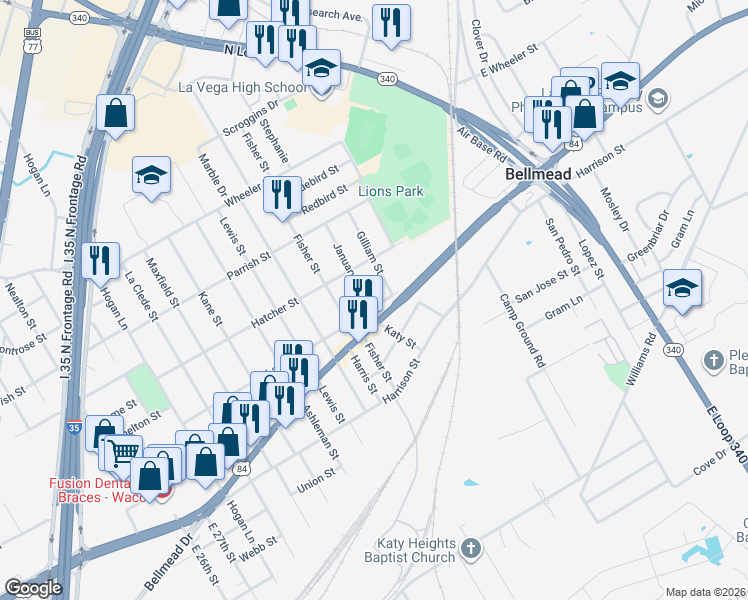 map of restaurants, bars, coffee shops, grocery stores, and more near 3702 Latimer Street in Waco