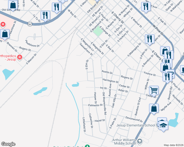 map of restaurants, bars, coffee shops, grocery stores, and more near 695 South Elm Street in Jesup