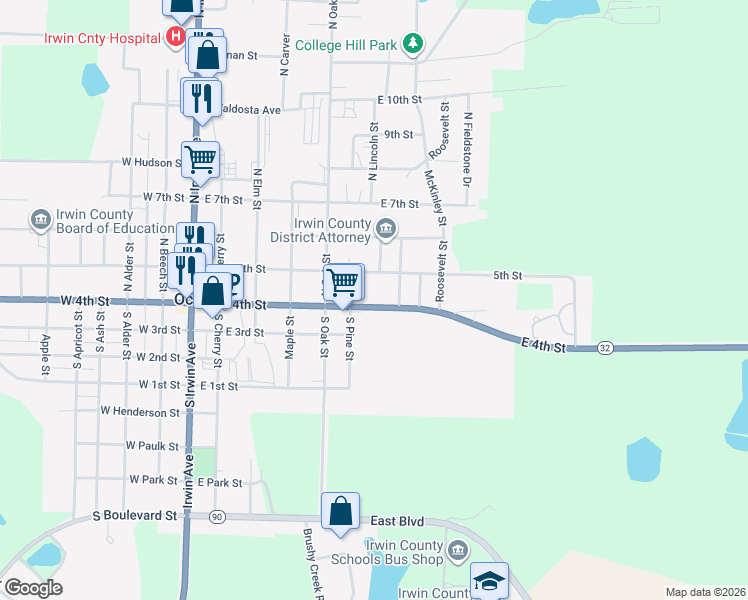 map of restaurants, bars, coffee shops, grocery stores, and more near 520 East 4th Street in Ocilla