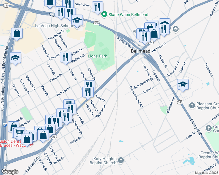 map of restaurants, bars, coffee shops, grocery stores, and more near 707 Ida Street in Waco
