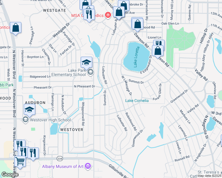 map of restaurants, bars, coffee shops, grocery stores, and more near 1918 Lullwater Rd in Albany