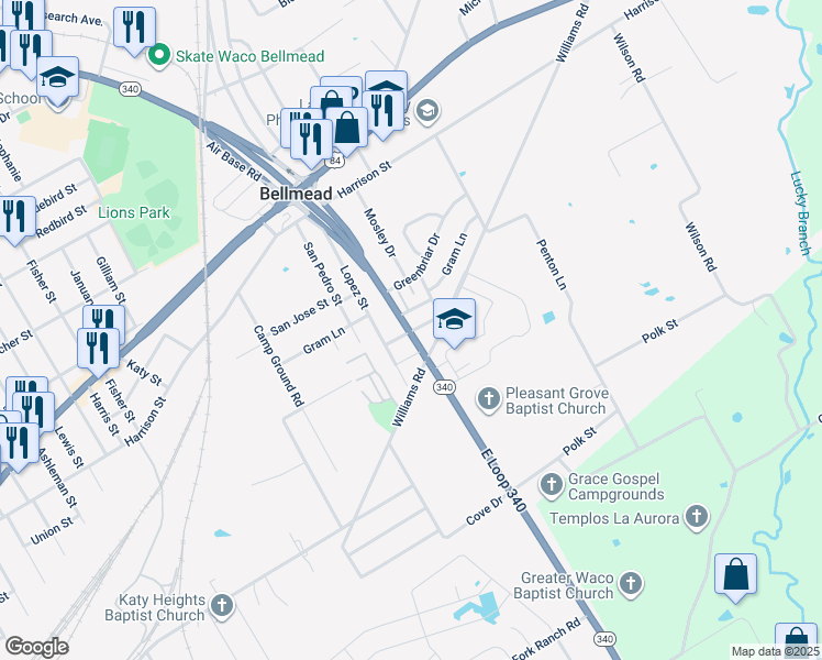 map of restaurants, bars, coffee shops, grocery stores, and more near 4208 Compton Lane in Bellmead
