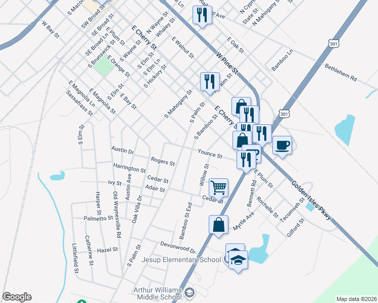 map of restaurants, bars, coffee shops, grocery stores, and more near 306 South Bamboo Street in Jesup