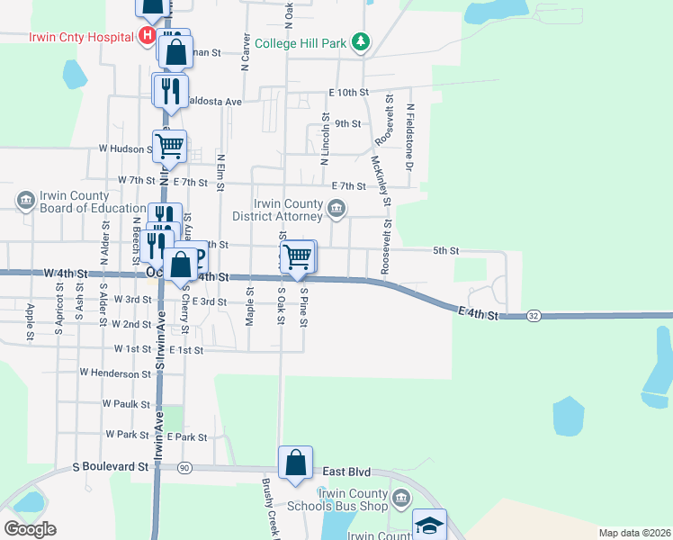 map of restaurants, bars, coffee shops, grocery stores, and more near 520 East 4th Street in Ocilla