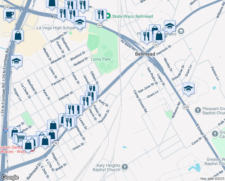 map of restaurants, bars, coffee shops, grocery stores, and more near 707 Ida St in Bellmead
