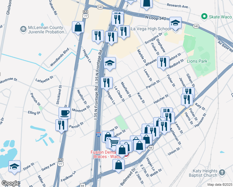 map of restaurants, bars, coffee shops, grocery stores, and more near 1214 La Clede Street in Waco
