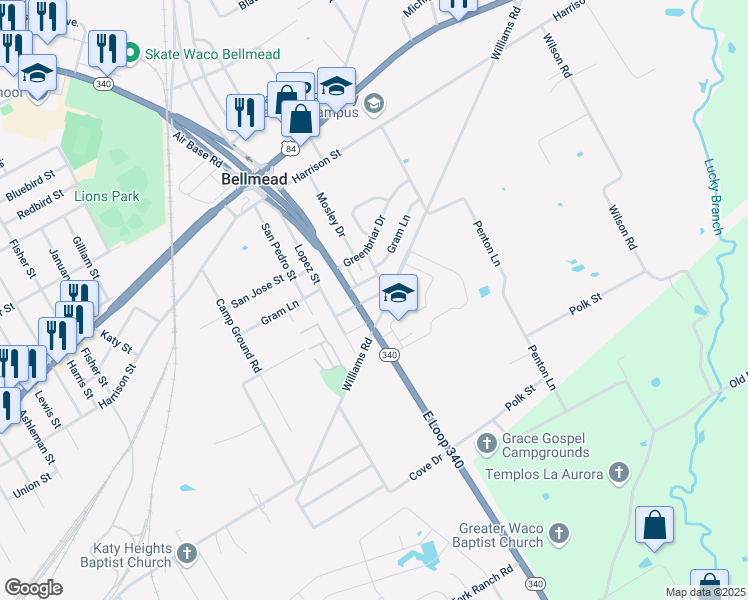 map of restaurants, bars, coffee shops, grocery stores, and more near 4208 Compton Lane in Bellmead