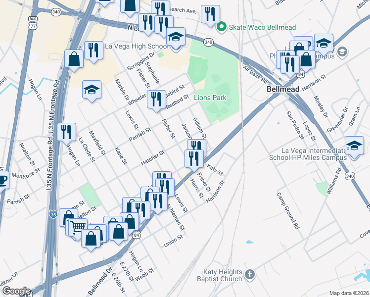 map of restaurants, bars, coffee shops, grocery stores, and more near 1015 Fisher Street in Waco