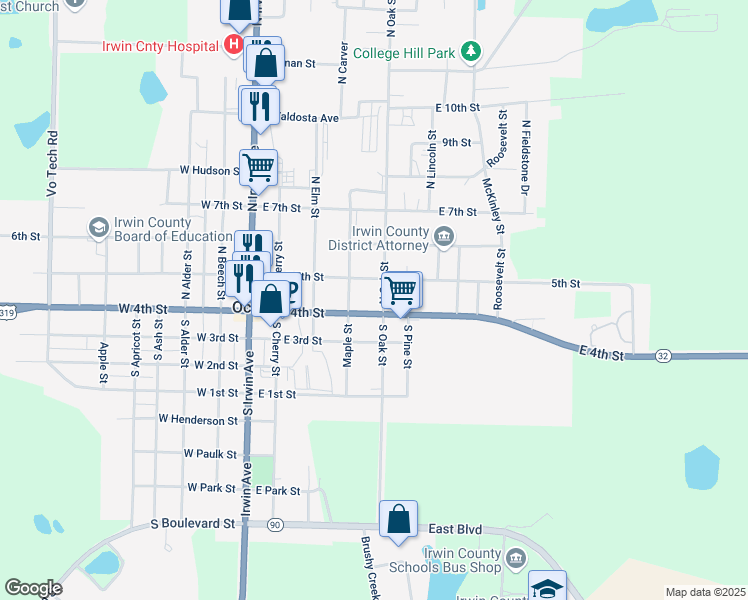 map of restaurants, bars, coffee shops, grocery stores, and more near 416 East 4th Street in Ocilla