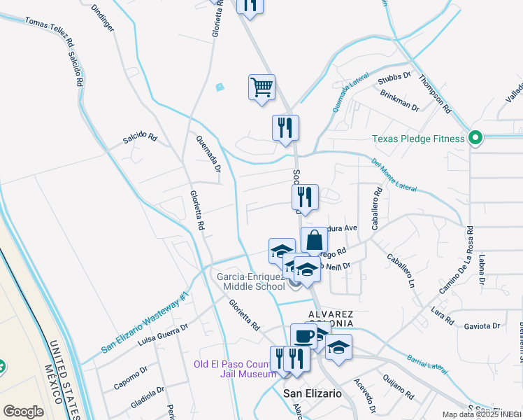map of restaurants, bars, coffee shops, grocery stores, and more near 12140 Socorro Road in San Elizario
