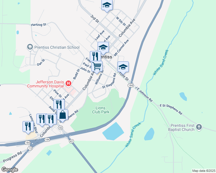 map of restaurants, bars, coffee shops, grocery stores, and more near 1684-1712 Magnolia Drive in Prentiss