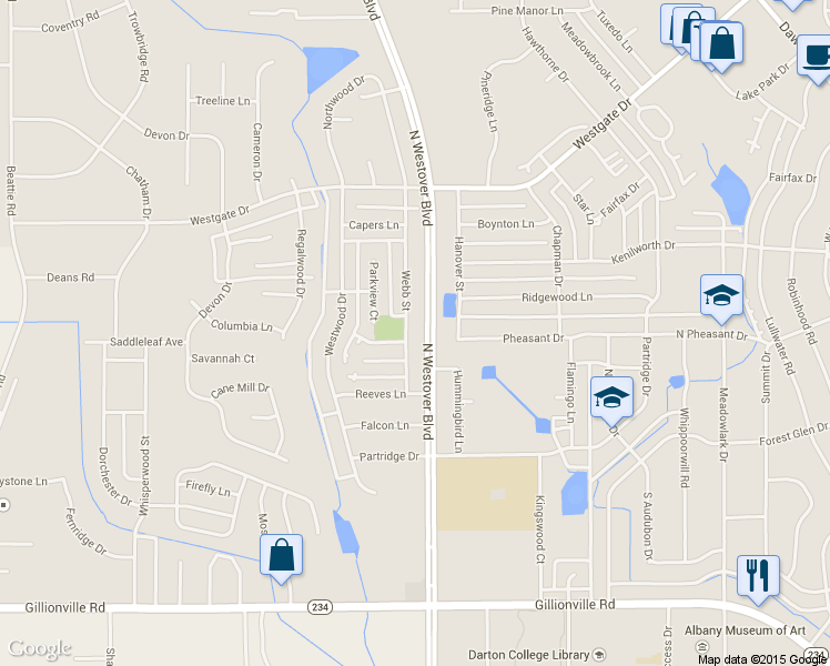 map of restaurants, bars, coffee shops, grocery stores, and more near 1518 Webb Street in Albany