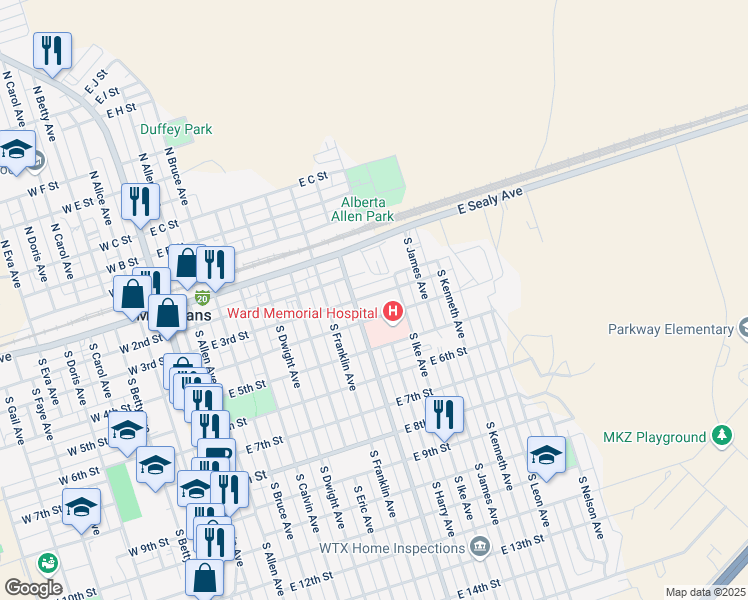 map of restaurants, bars, coffee shops, grocery stores, and more near 800-998 East 4th Street in Monahans