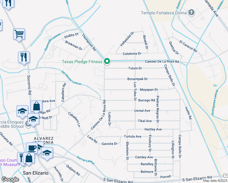 map of restaurants, bars, coffee shops, grocery stores, and more near 564 Mayapan Drive in San Elizario