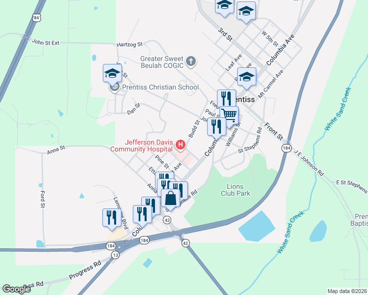 map of restaurants, bars, coffee shops, grocery stores, and more near 1102 Rose Street in Prentiss